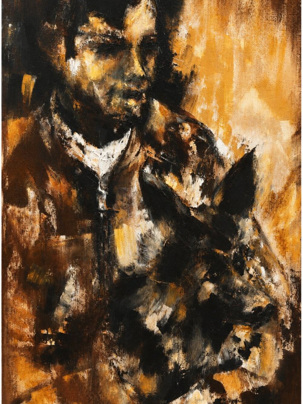ORIGINAL Roscoe E Wallace Impressionist Acrylic Man & Dog  Sporting Military